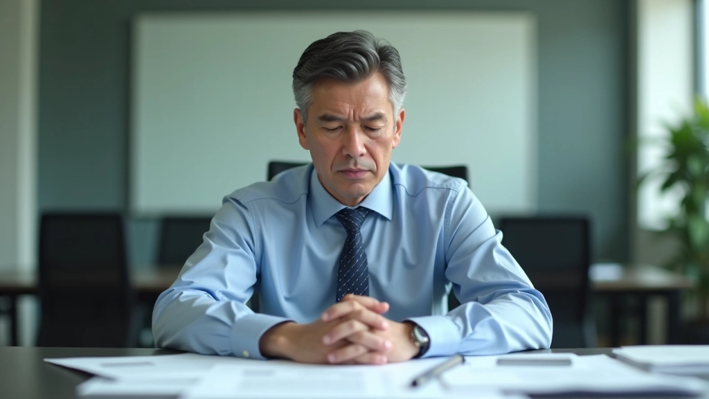 Manager overwhelmed with stack of papers and tasks on desk, stress visible
